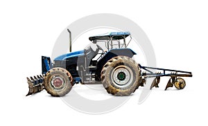 Old soiled tractor and large wheels with dirty with full soil.