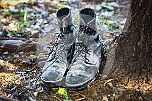 Old soldiers boots of the army of Israel in dust in forest. Concept: Soldiers Tzahal