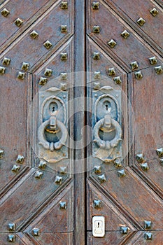 Old solid wood door closeup