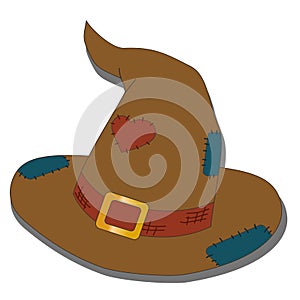 An old sorcerer\'s hat, a witch with patches on a transparent background