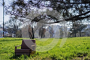 Old soviet armchair outside on the lawn.