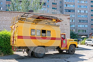 Old Soviet emergency vehicle used to repair trolleybus wires and electrical equipment