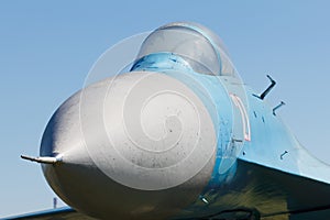Old Soviet fighter plane. Detail cockpit of combat aircraft