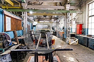 Old Soviet lathe, machine tool equipment. Locksmith shop in the railway depot