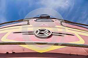 Old soviet locomotive train closeup under blue sky