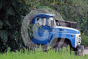 The old Soviet truck with a blue cab took refuge in the shade of green foliage