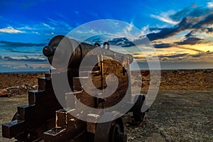 Old Spanish Cannon on the carriage in San Pedro de La Roca fort