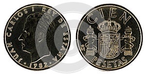 Old Spanish coin of 100 pesetas, Juan Carlos  isolated on a white background