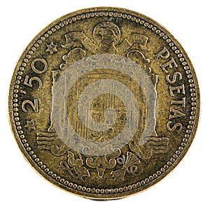 Old Spanish coin of 2,50 pesetas, Francisco Franco. Year 1953, 19 54 in the stars. Reverse.