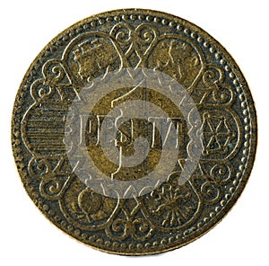 Old Spanish coin of 1 peseta. Francisco Franco. Year 1944. Obverse. photo