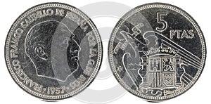 Spanish coin of 5 pesetas, Francisco Franco photo