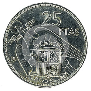 Old Spanish coin of 25 pesetas, Francisco Franco isolated on a white background photo