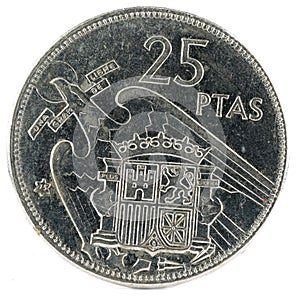 Old Spanish coin of 25 pesetas, Francisco Franco. The year 1957, 75 in the star. Reverse photo