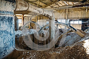 Old special equipment Inside abandoned industrial elevator