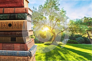 Old stacked books on blurred background