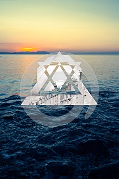 Beautiful, geometric, fantasy background with triangles and sunset photo