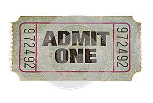 Old stained torn admit one ticket, white background