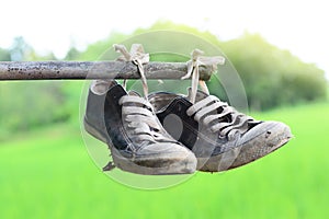 an old stainly shoes hang on bamboo bar with green field