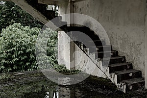 An old stair from an abandoned building leading to next floor with some plants growing near the building