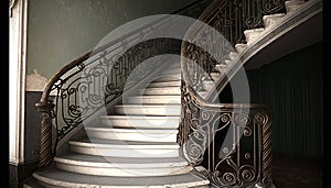 old staircase stair step stairwell shabby architecture landing banal outworn rail handhold balustrade parapet guard wall upstairs photo