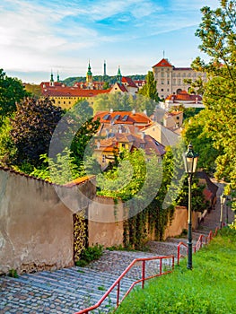 Old stairs leads to medieval district of Novy Svet, Hradcany, Prague, Czech Republic