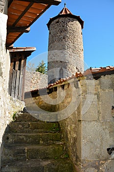 Old stairs to a round tower in a castle