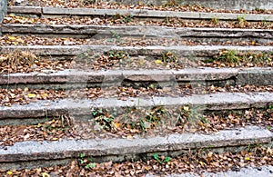 Old stairs in very bad condition with autumn leaves