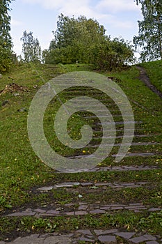 Old stairway in park overgrown with grass in autumn, vertical