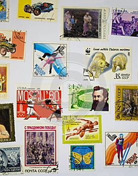 Old Stamps Collection on the White Paper