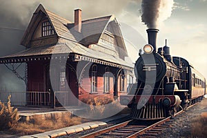 old station with steam engine, ready to take passengers on a journey