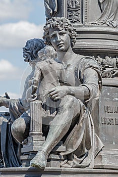 Old statutes of fairytale personages at Elbe river bank in historical downtown, citycenter of Dresden, Germany