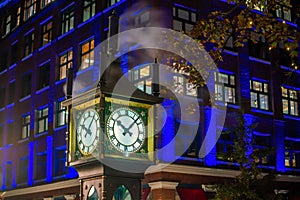 Old Steam Clock in Vancouver`s historic Gastown district at night