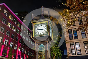 Old Steam Clock in Vancouver`s historic Gastown district at night