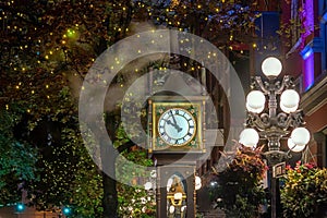 Old Steam Clock in Vancouver`s historic Gastown district at night