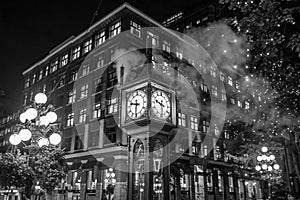 Old Steam Clock in Vancouver`s historic Gastown district at night