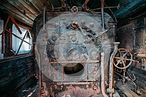 Old steam engine of abandoned steam locomotive Inside driving cabin