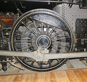 Old steam engine train wheel.