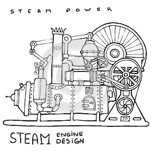 Old steam engine. Vintage illustration