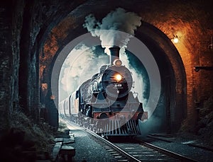 An old steam locomotive calls at the depot located in the tunnel