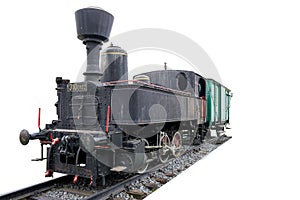 Old steam locomotive with coach on tracks and isolated on white background