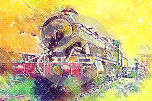 Old steam locomotive engine retro vintage abstract drawing