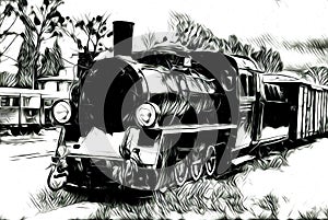 Old steam locomotive engine retro vintage abstract drawing