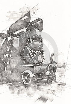 Old steam locomotive engine retro vintage art illustration for design