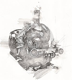Old steam locomotive engine retro vintage art illustration for design