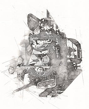 Old steam locomotive engine retro vintage art illustration for design