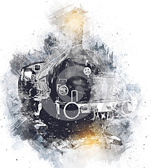 Old steam locomotive engine retro vintage art illustration for design