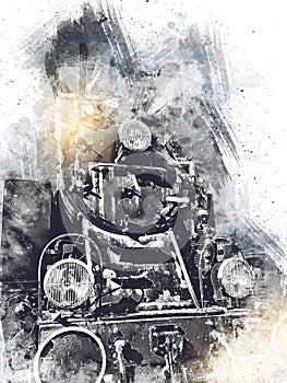 Old steam locomotive engine retro vintage art illustration for design