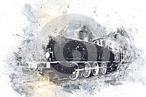 Old steam locomotive engine retro vintage art illustration for design