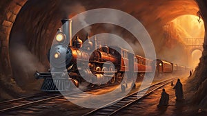old steam locomotive An evil magic Halloween ghouls and monsters steam train with ghouls and monsters around it
