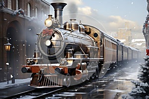 An old steam locomotive moving through a fairy tale snowy city during Christmas time, generated ai